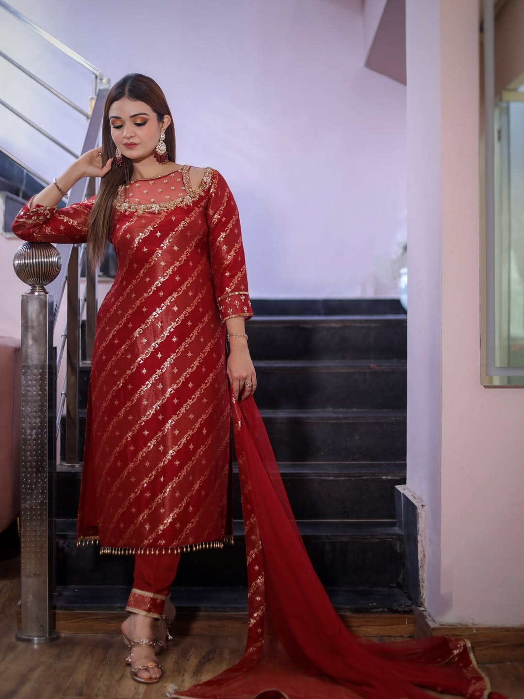 Riya Red Banarasi Silk Straight Suit with Zari Weave & Embellished Neckline