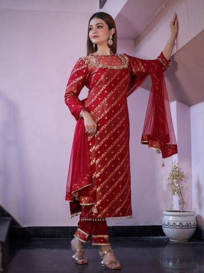 Riya Red Banarasi Silk Straight Suit with Zari Weave & Embellished Neckline