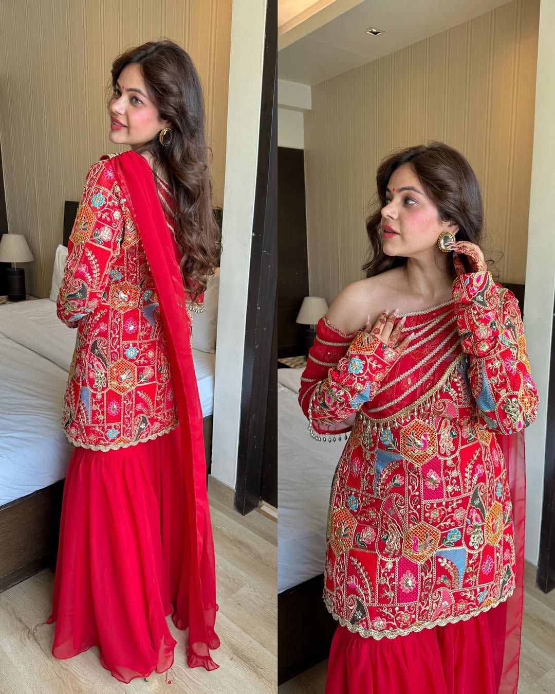 Royal Red Multicolor Embroidered Georgette Sharara Set