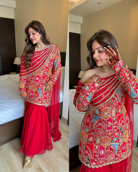 Royal Red Multicolor Embroidered Georgette Sharara Set