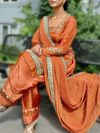 Rust Silk Blend Patiala Suit with Zari & Mirror Work Detailing