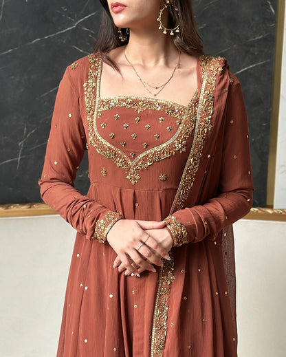 Rust Brown Georgette Anarkali Suit