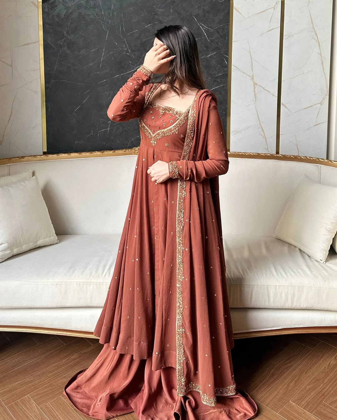 Rust Brown Georgette Anarkali Suit