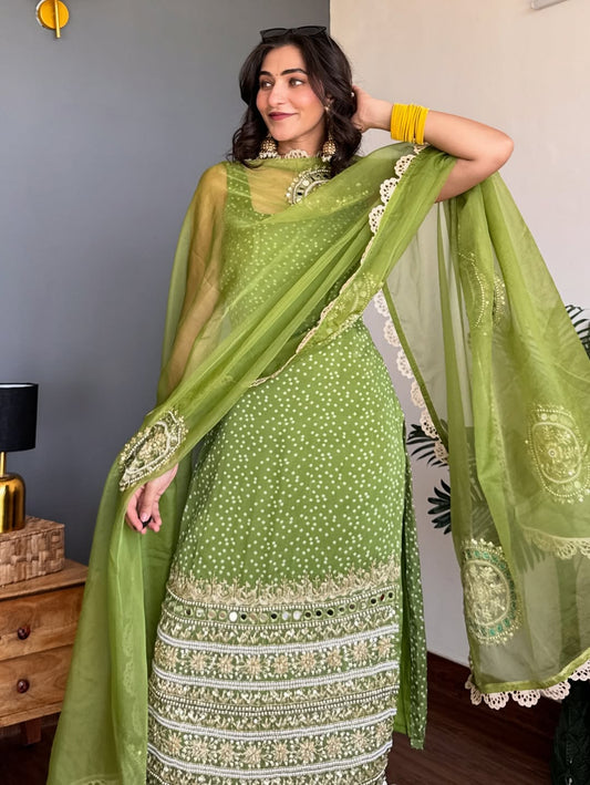 Ruhani Olive Glow Embroidered Elegance Suit