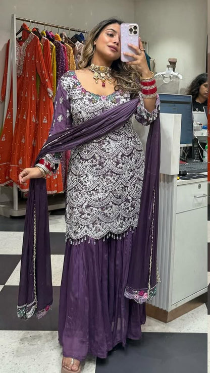 “Designer Georgette Sharara Suit with Heavy White Thread & Sequin Embroidery”