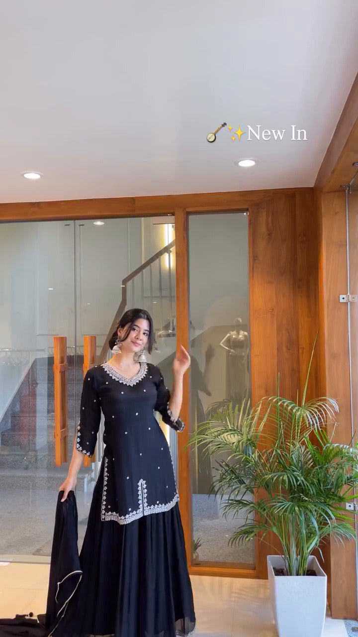 Noir Grace Midnight Elegance – Black Georgette Kurti Set