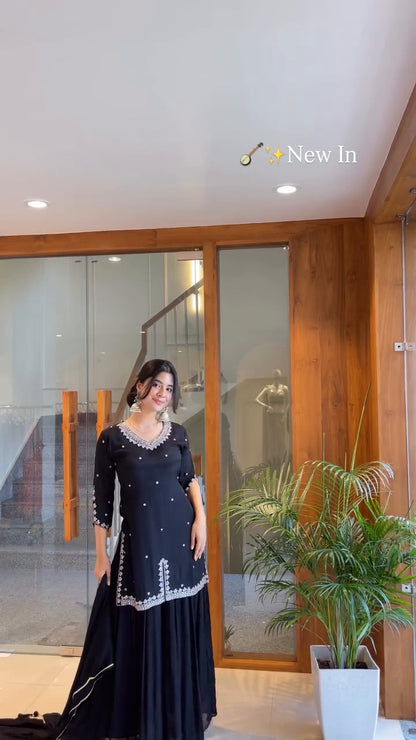 Noir Grace Midnight Elegance – Black Georgette Kurti Set