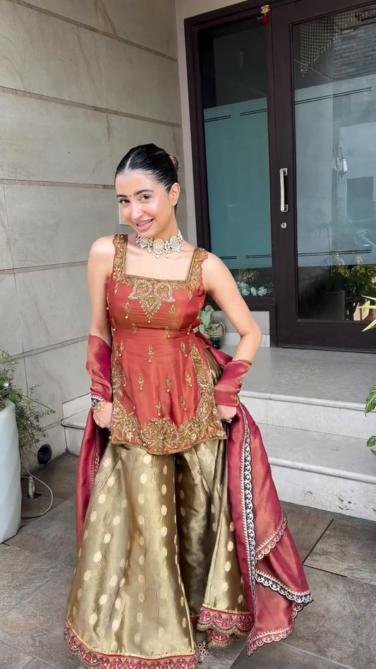 Inaaya Rust Red with Golden Banarasi Sharara suit