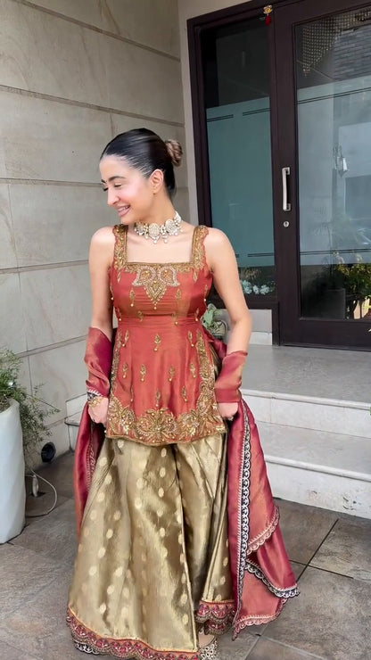 Inaaya Rust Red with Golden Banarasi Sharara suit