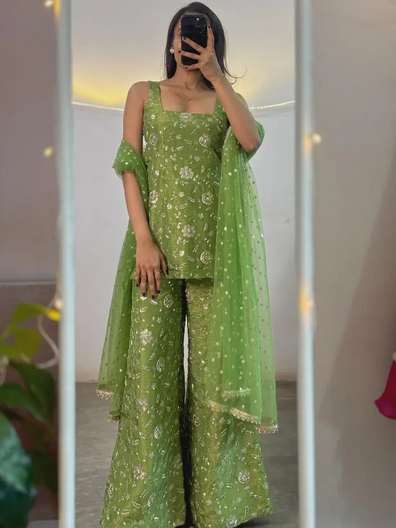 Elegant Mehendi Green Sharara Set