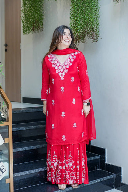 Royal Red Floral Work Sharara Set