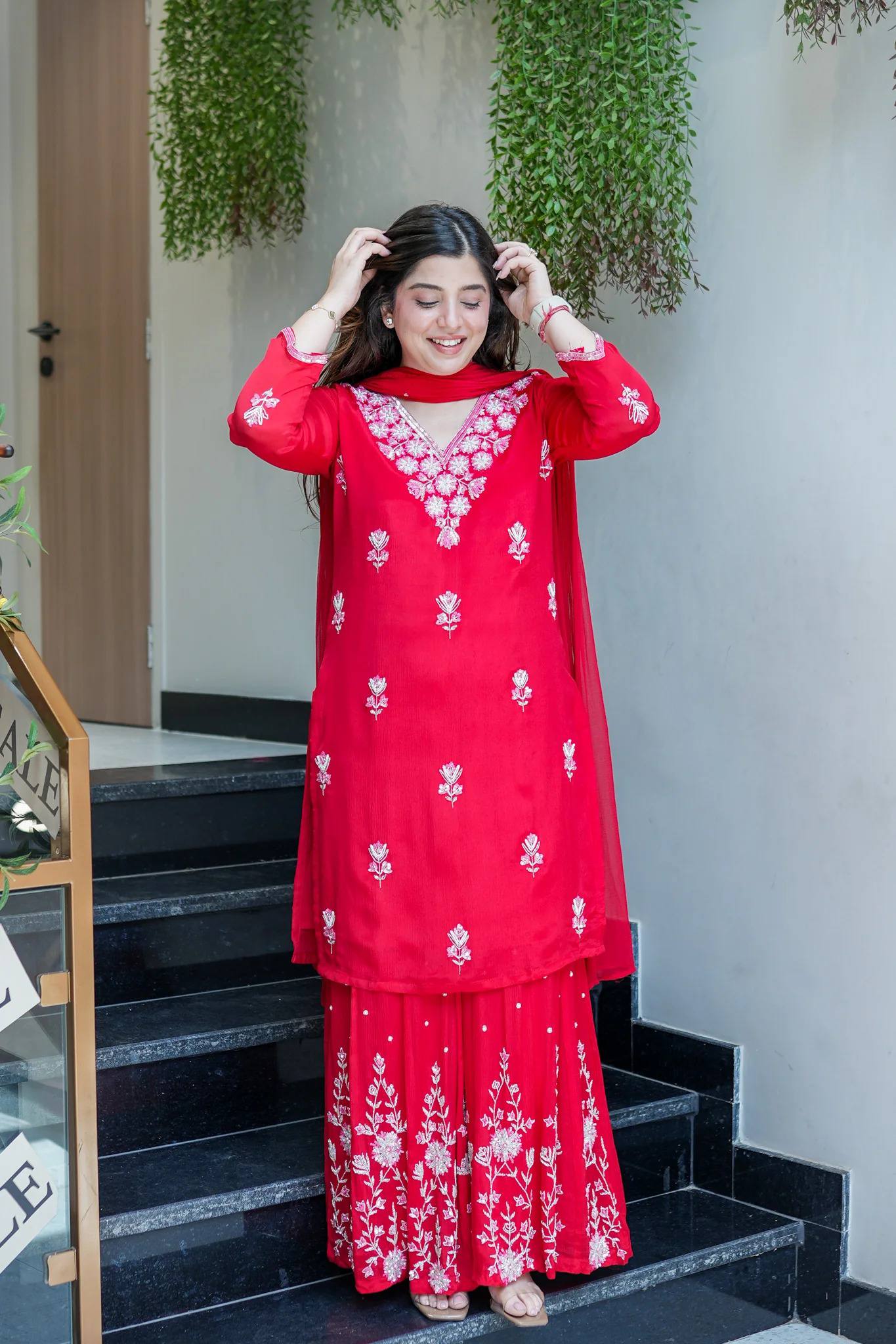 Royal Red Floral Work Sharara Set