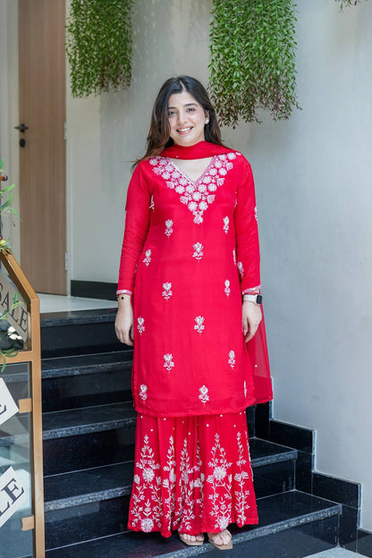 Royal Red Floral Work Sharara Set
