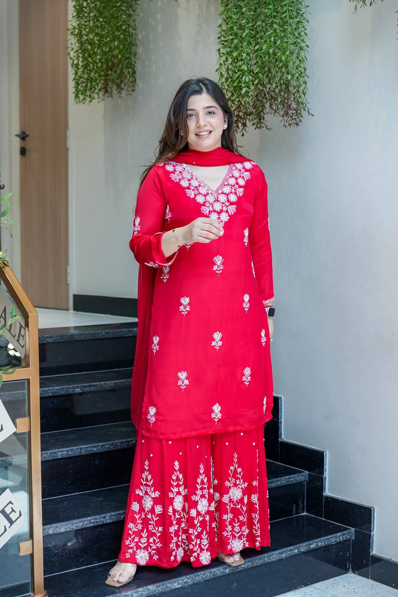 Royal Red Floral Work Sharara Set