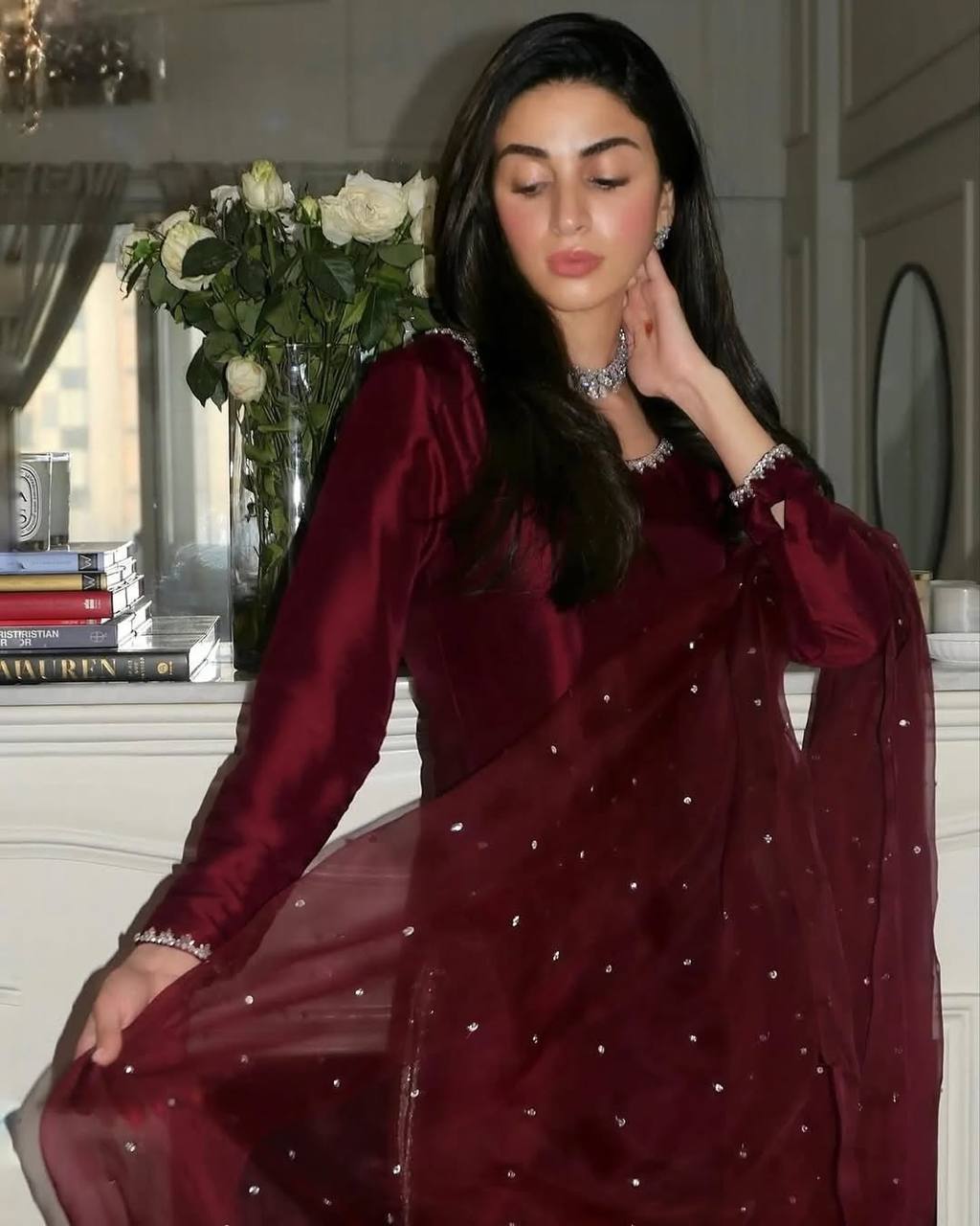 Aleeza Deep Maroon embellished border Suit