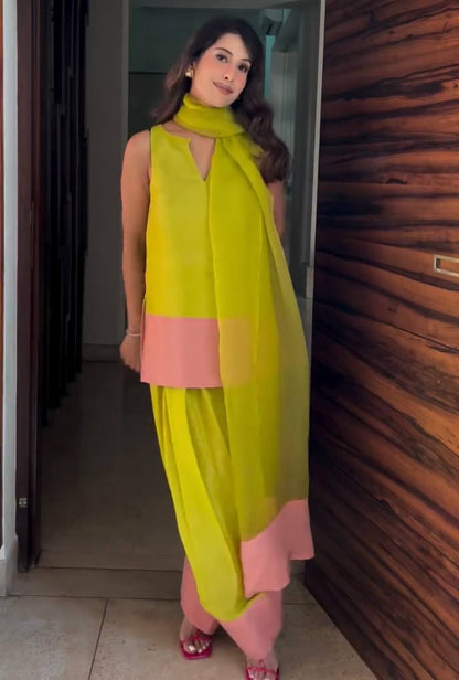 Lime Sunshine Natural Crap Silk Top & Farshi Palazzo With Dupatta set