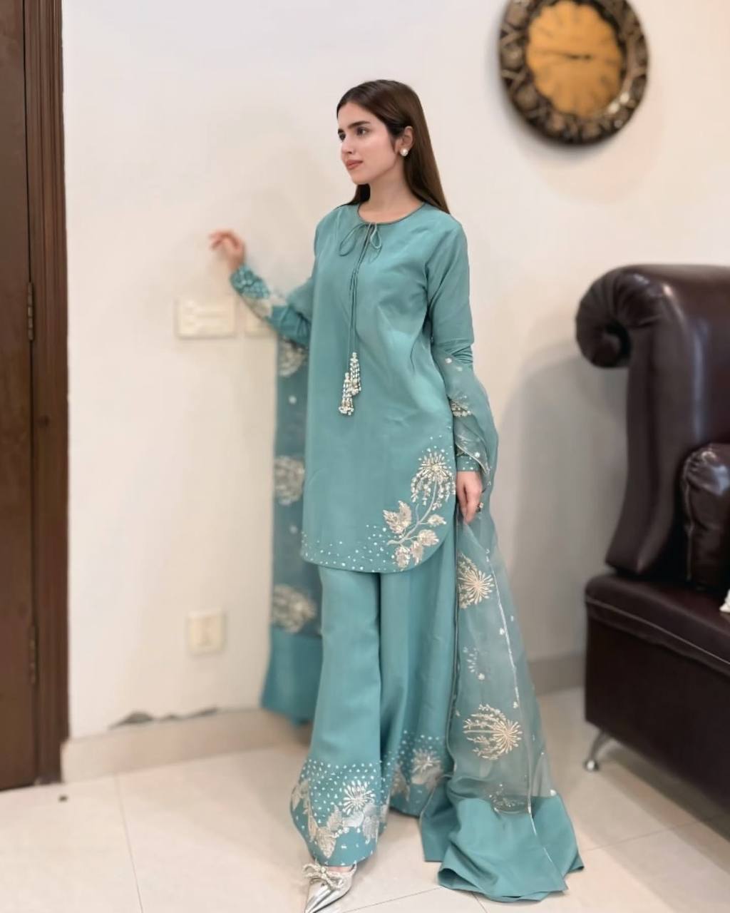 Aqua Dusk  Natural Crep Silk New Designer Suit
