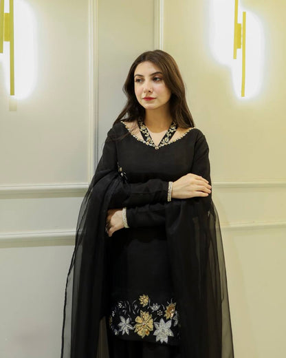 Luxurious Black Outfit with Hand Embroidered Blossoms Suit Set