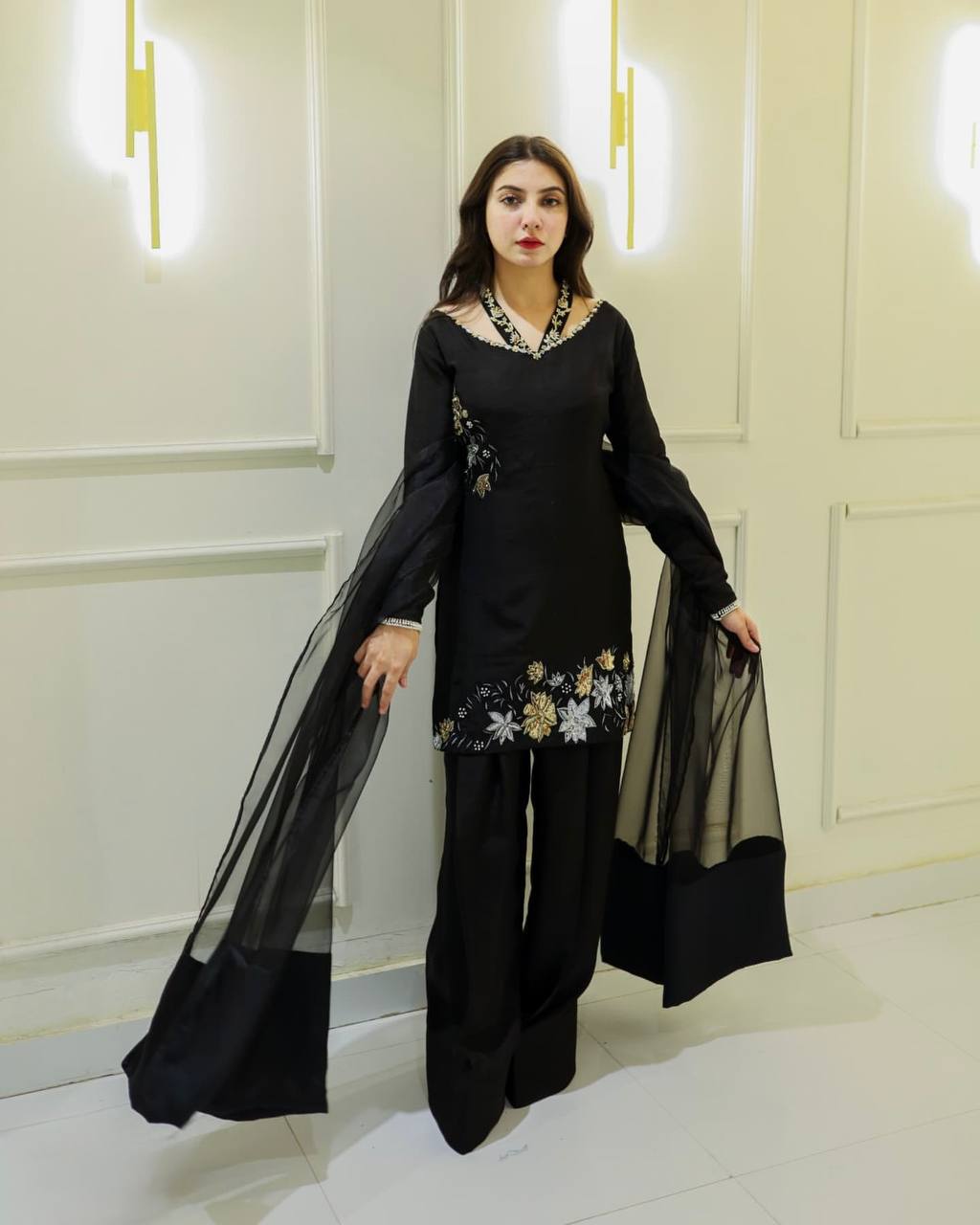 Luxurious Black Outfit with Hand Embroidered Blossoms Suit Set