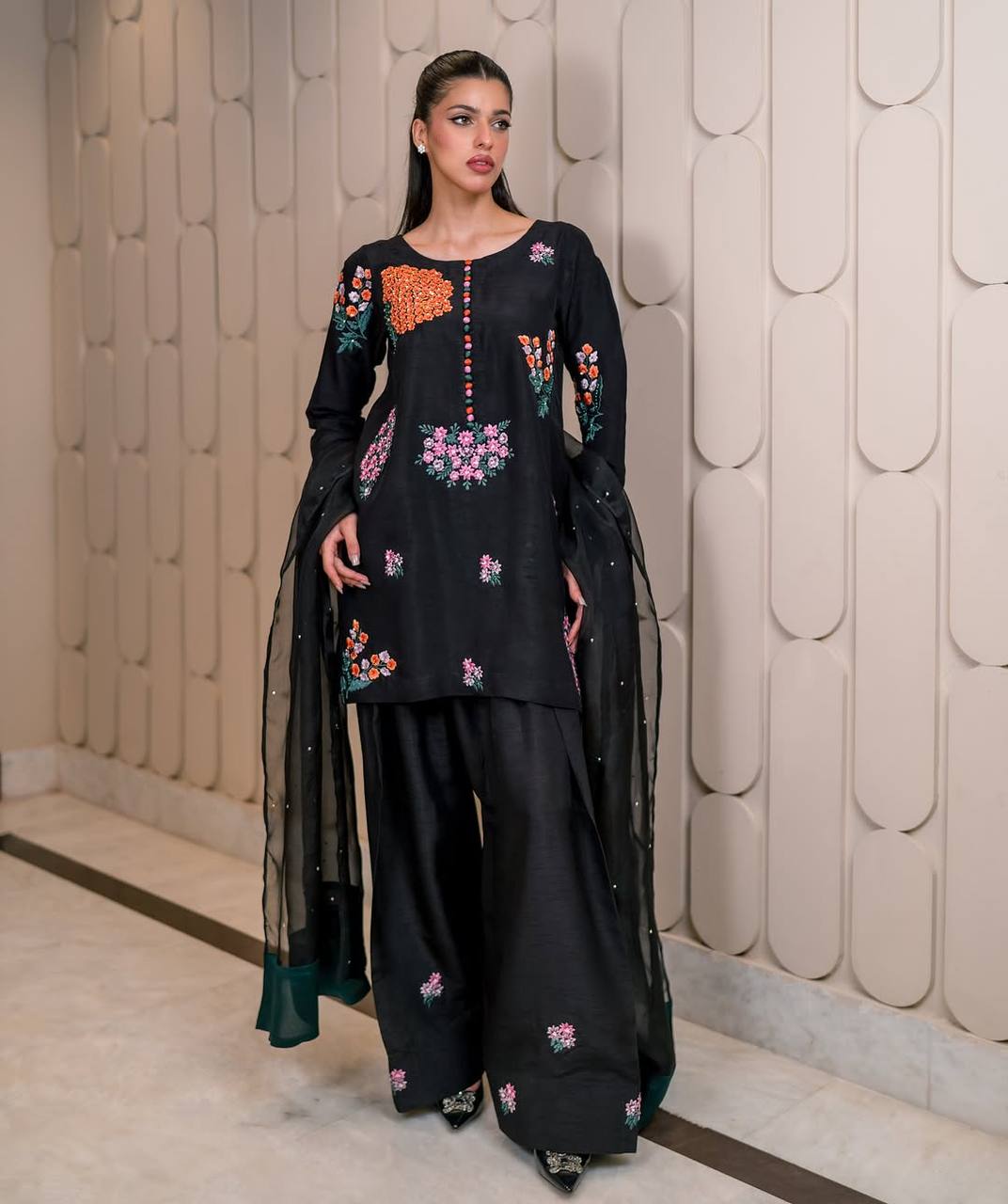 Zehra Colorful Blossom Embroidery & Flowy Grace Designer Black Kurta Set
