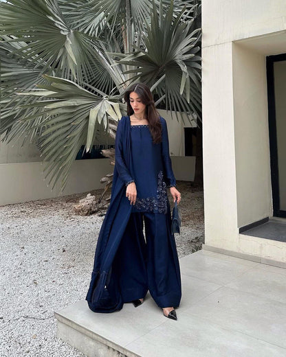 Rehmat Deep Blue Navy Embroidered Suit Set with Palazzo Charm