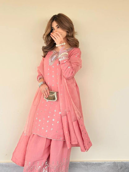 Aaria Blush Pink  Chinnon Silk And Multi Needle Farshi salwar