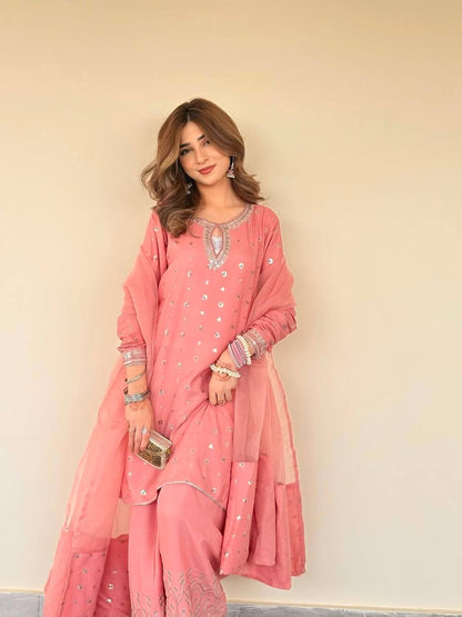 Aaria Blush Pink  Chinnon Silk And Multi Needle Farshi salwar